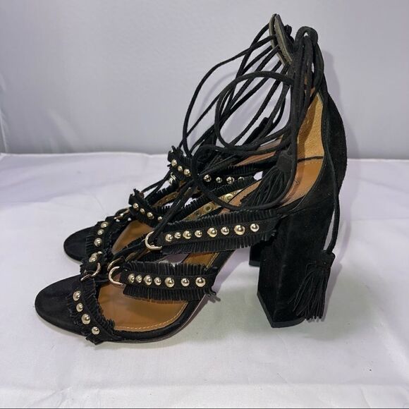 𝅺Aquazzurra Sandals Firenze Tulum Black Suede Sandals Chunky Heel Size 37 U.S. 6 - Picture 5 of 15